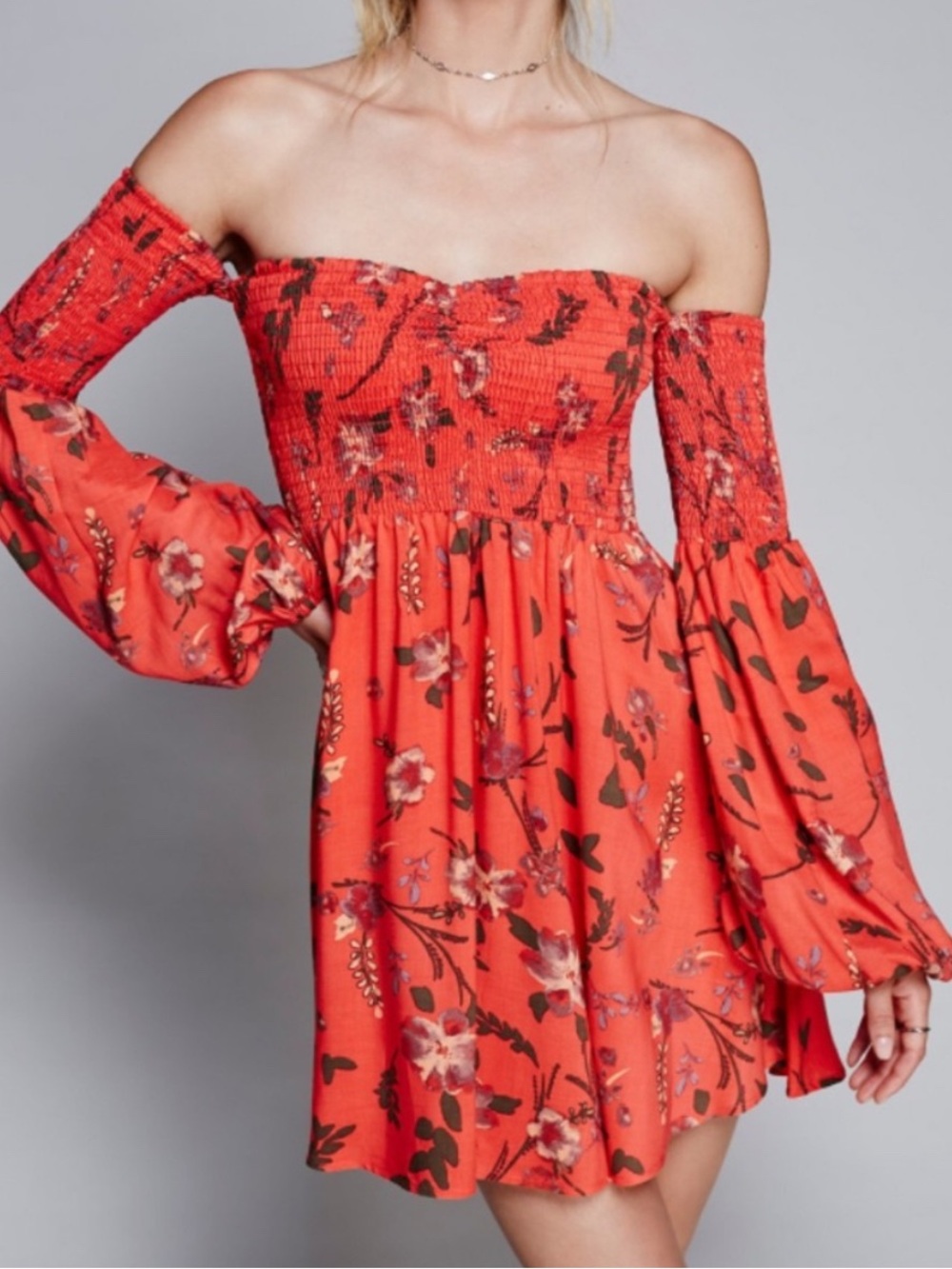 Free People Floral Mini Dress Boho Smocked Off The Shoulder Romantic Coquette